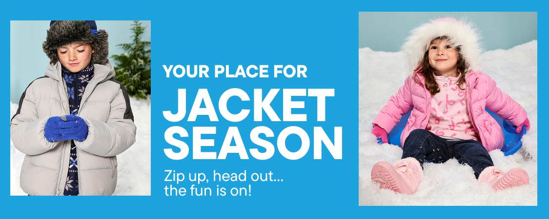 Three children wearing winter jackets and hats are featured in separate panels against a bright blue background with the text "YOUR PLACE FOR JACKET SEASON."