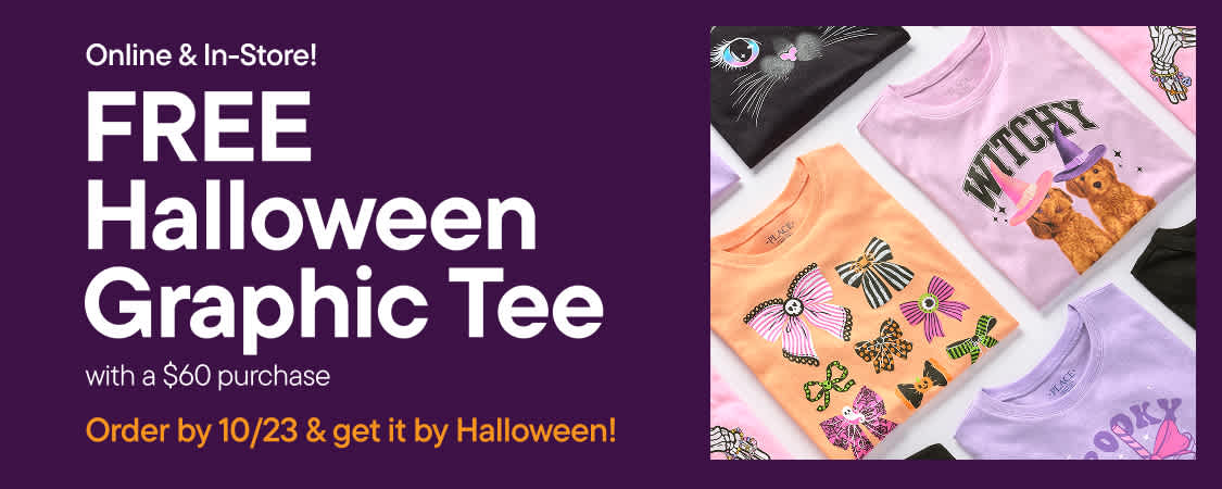 Un texto blanco que anuncia una camiseta gráfica gratuita de Halloween está centrado sobre un fondo morado oscuro, flanqueado a ambos lados por exhibiciones de camisetas coloridas.