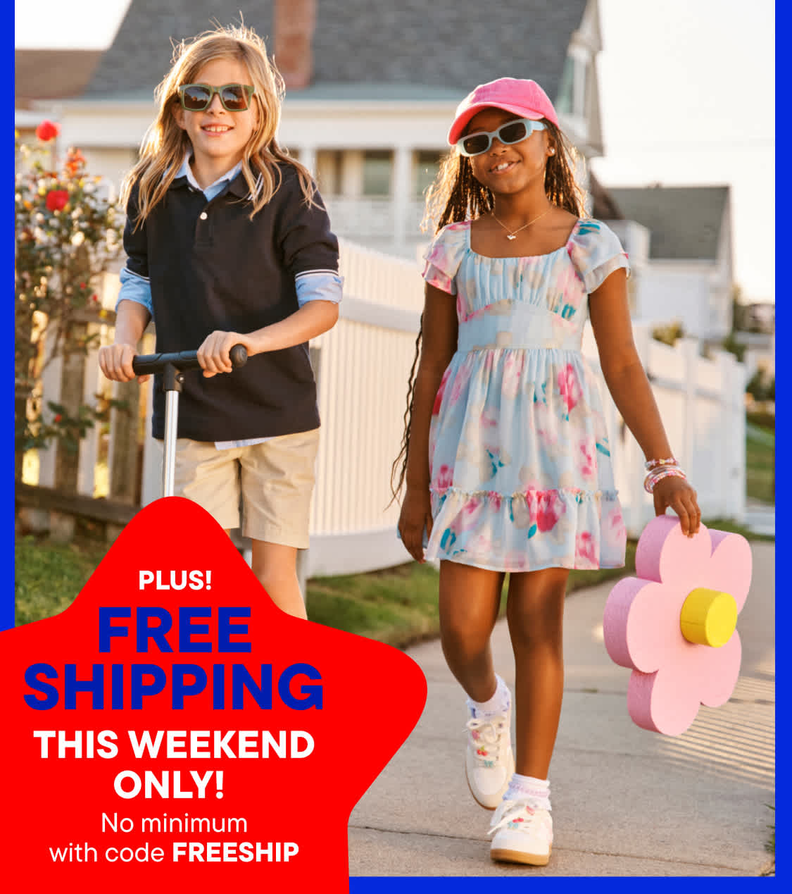 The image shows a large red sign advertising a 50-70% off sale with free shipping, with two young women standing in the background wearing casual summer attire.