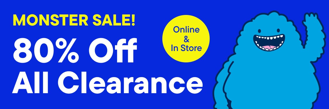 The image displays the word "MONSTER SALE! ALL CLEARANCE 80% OFF" in large white text against a vibrant blue background.