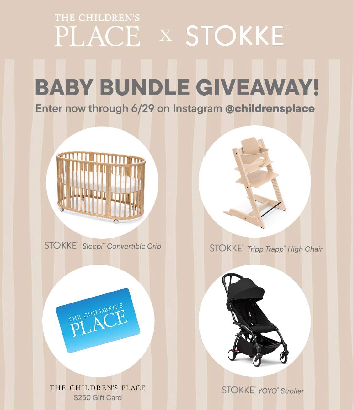 A baby bundle giveaway featuring a crib, high chair, stroller, and gift card is advertised against a light brown striped background.