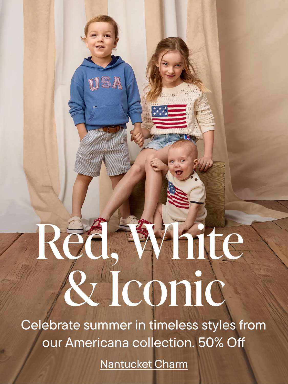 Three children in patriotic outfits pose in front of a draped backdrop and a wooden floor, with text on the right side advertising a sale.
