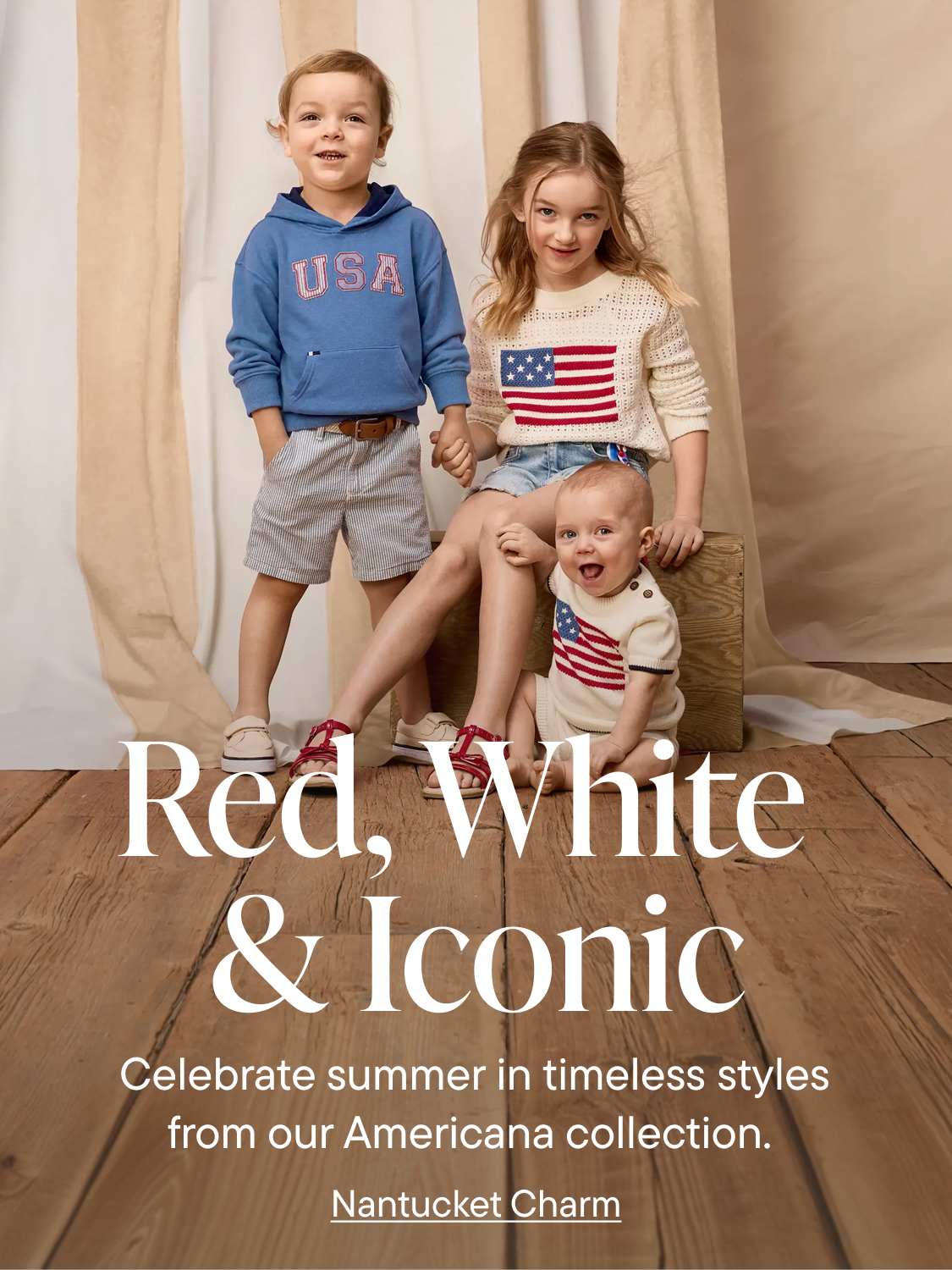 Three children in patriotic outfits pose in front of a draped backdrop and a wooden floor, with text on the right side advertising a sale.