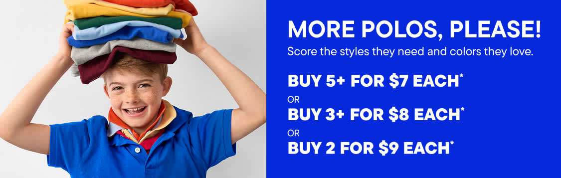 A smiling boy balances a stack of colorful polos on his head, while a separate stack of pink, red, and orange polos is displayed next to promotional text.