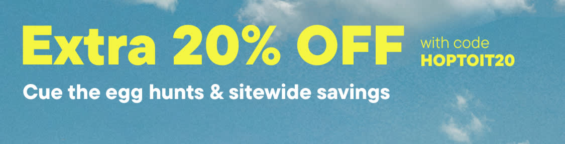 The image displays a large yellow "OFF" text with the text "with code HOPTOIT20" below it, indicating a discount or savings offer. The background features a blue sky with white clouds, creating a serene and inviting atmosphere.