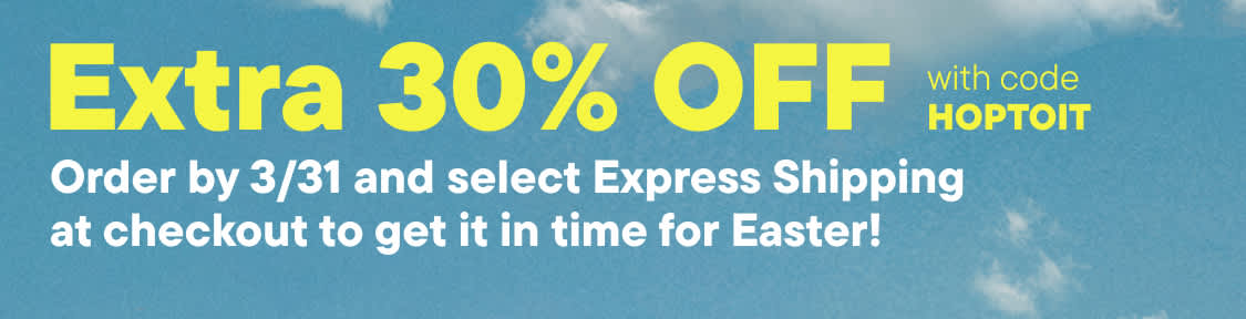 The image displays a promotional offer for savings and express shipping at checkout, with the code "HOPTOIT" prominently featured against a blue sky background with clouds.