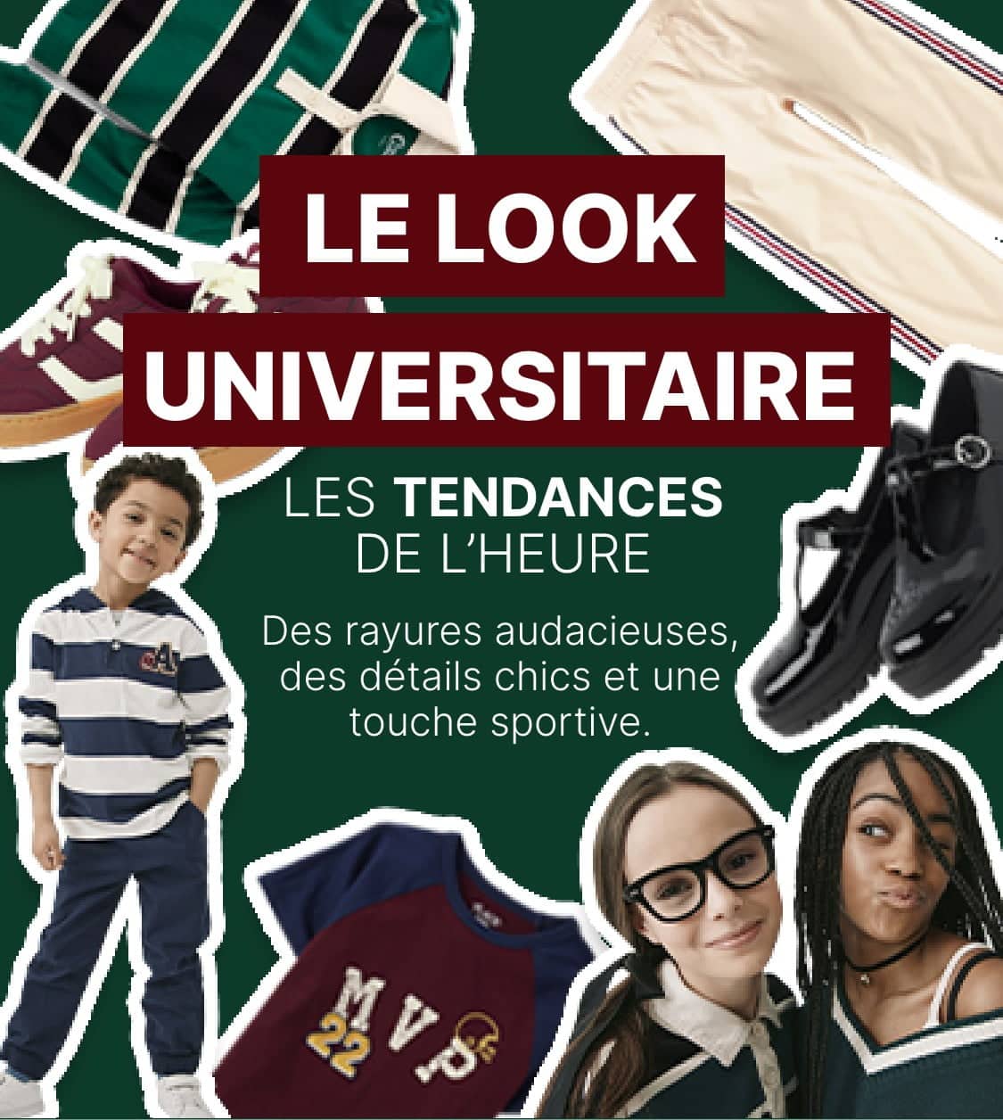 The image features a collage of various varsity-style clothing items, including a rugby polo, tracksuit, and prep-cooled layers, along with a close-up of a person's face, all set against a dark green background.
