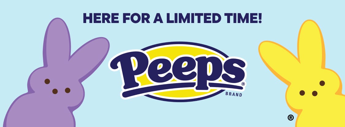 La imagen presenta el logotipo de Peeps, que consiste en un fondo circular amarillo con la palabra "Peeps" escrita en una fuente estilizada azul marino. El fondo es azul claro.