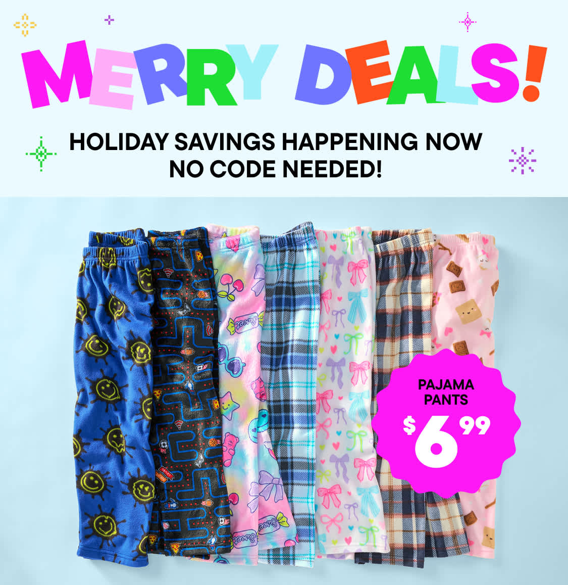 Colorful text "DEALS!" with various shapes and symbols in the background, indicating a promotion or sale with no code needed.