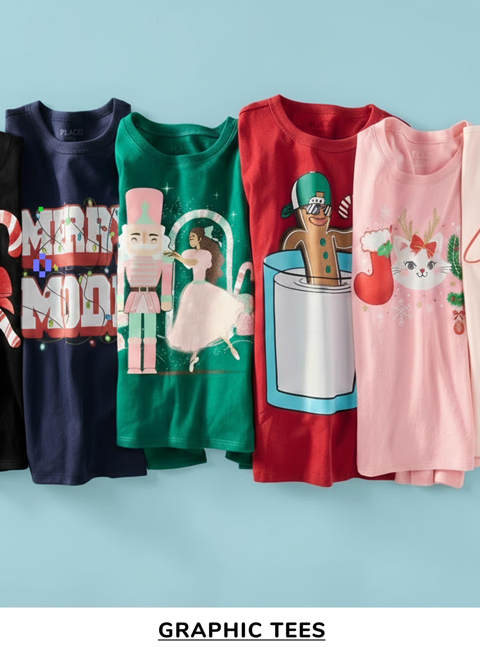 A collection of colorful graphic t-shirts featuring various holiday-themed designs, including a gingerbread man, a snowman, and a cat, against a light blue background.