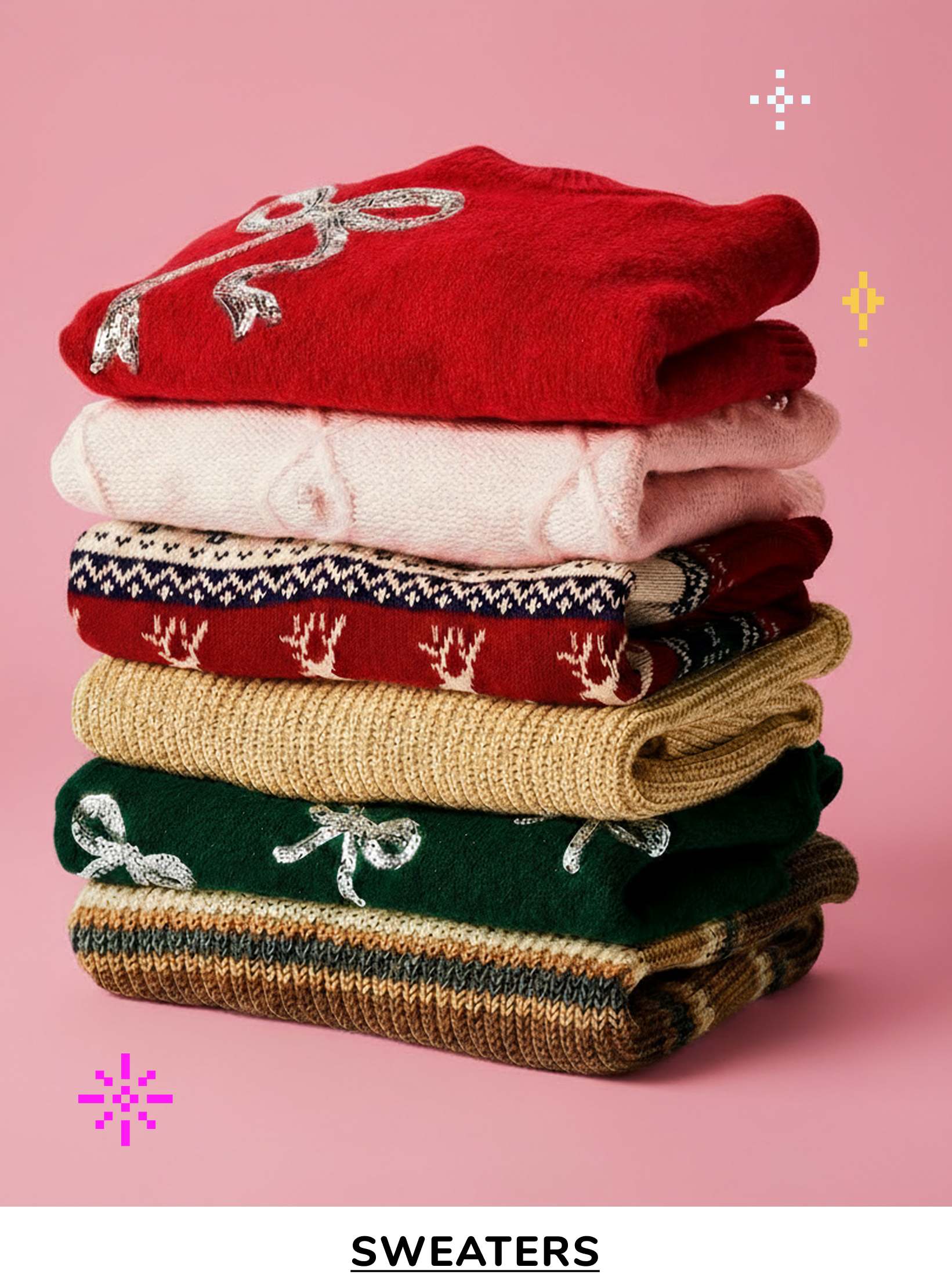 A stack of colorful, patterned sweaters against a pink background, with sparkling accents adding a festive touch.