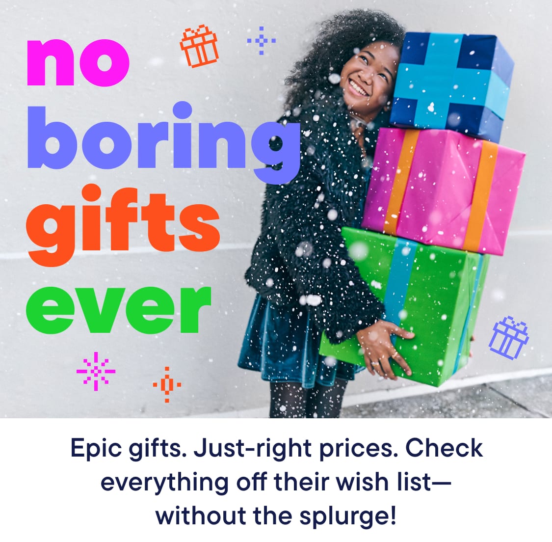 A person holding colorful gift boxes stands in front of a backdrop with the text "boring gifts e" and various decorative elements.