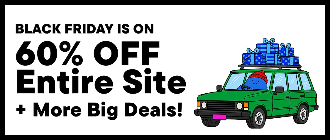 Des boîtes cadeaux bleues et une voiture verte chargée de présents encadrent un fond blanc central affichant une annonce pour les soldes du Black Friday.