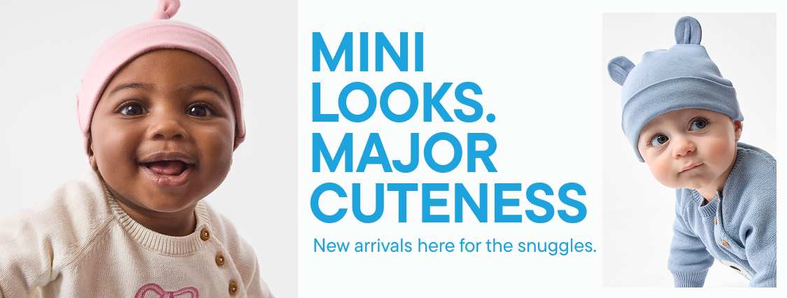 A smiling baby in a pink hat is on the left, and a baby in a blue outfit is crawling on the right, with text in the middle on a white background.