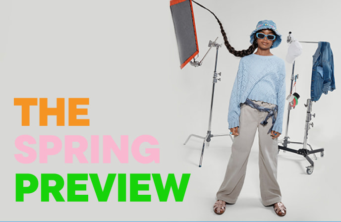The image shows a smiling woman in the foreground, with the text "THE SPRING PREVIEW" displayed prominently in the background.