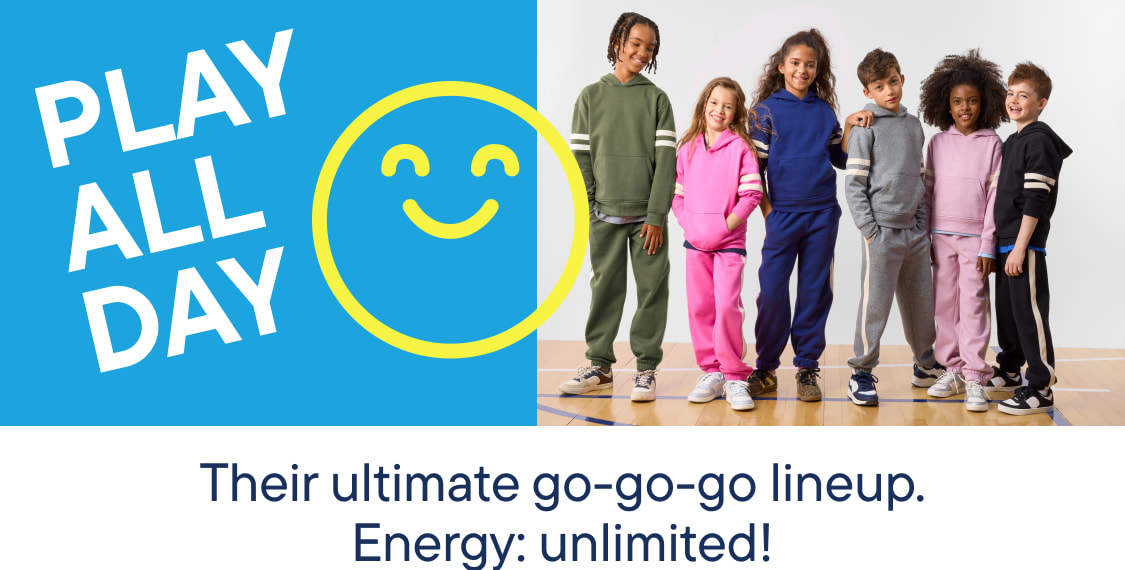 A group of children in colorful tracksuits stand in the foreground, while a girl in pink swings from a blue bar in the background.