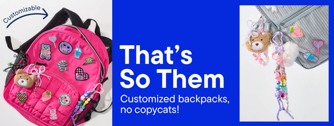 A pink backpack adorned with patches and charms is shown in the foreground against a bright blue background with text.