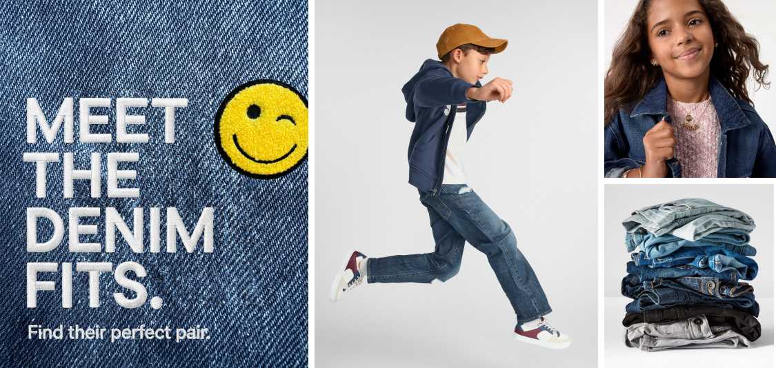 A boy in mid-air wearing jeans and a hoodie is featured alongside various denim outfits and a text graphic in the background.