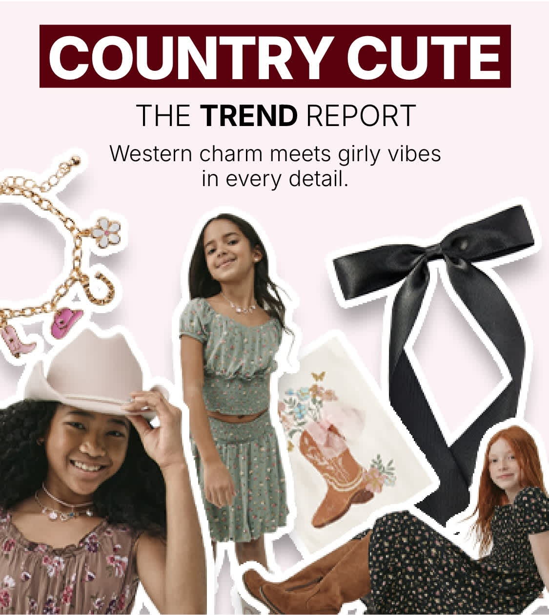 The image features a smiling woman wearing a cowboy hat and a floral dress, surrounded by various country-inspired accessories and a "Country Gurl" banner in the background.