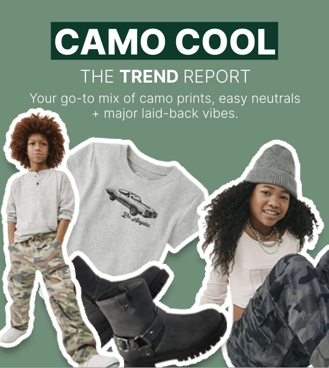 The image features a collage of various camo-themed fashion items, including hoodies, pants, and accessories, along with the text "CAMO COOL: The Trend Report" highlighting the current popularity of camouflage patterns and laid-back styles.