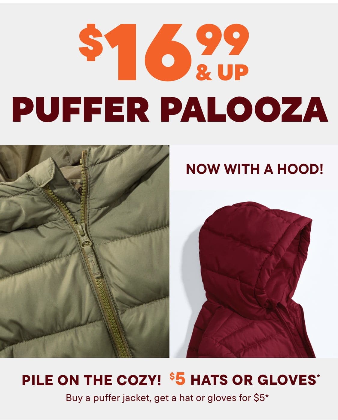 The image displays a variety of colorful puffer jackets and coats, with a prominent "$1" price tag and the text "MUST HAVE PILE ON THE COZY!" suggesting a sale or promotion.