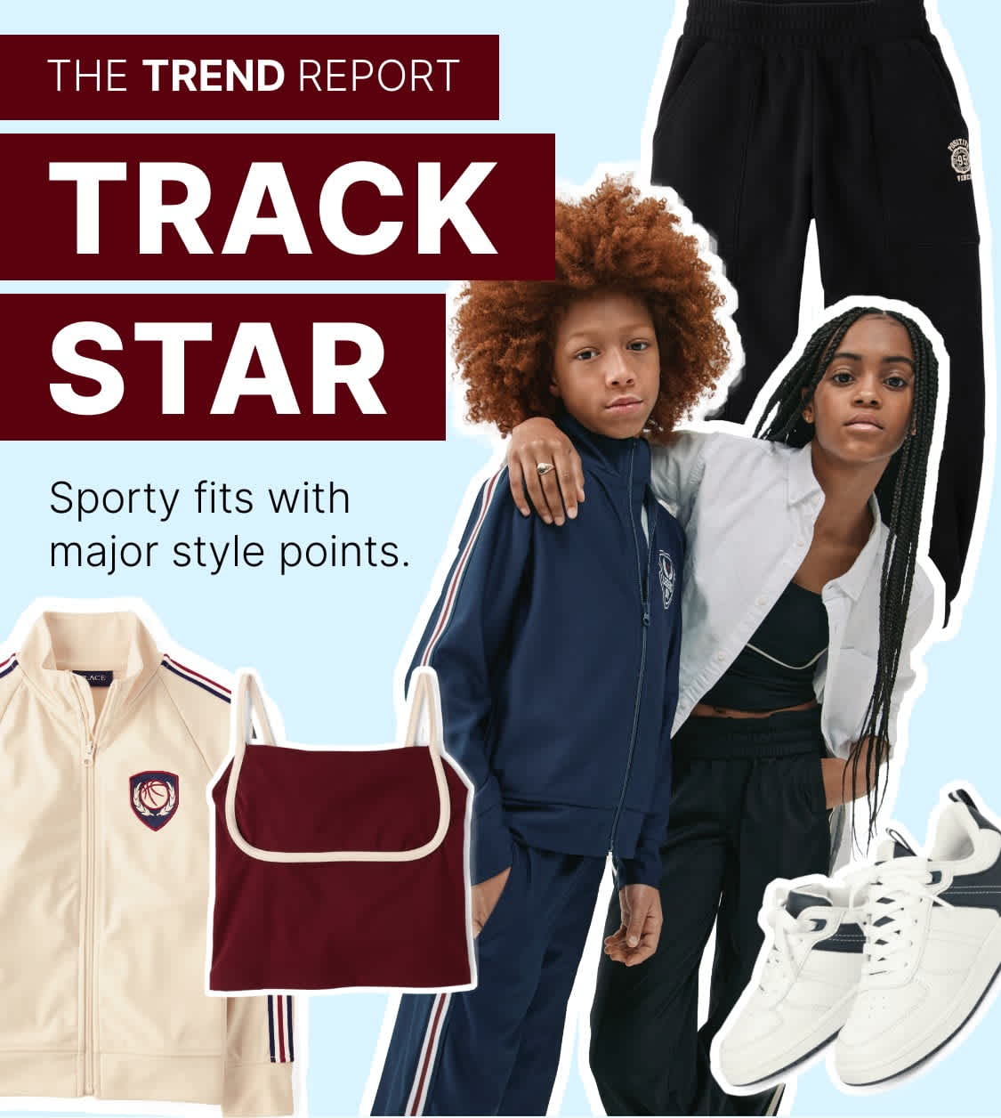The image features a collage of fashion items, including a black backpack, a white sweatshirt with "NYC" printed on it, and two women wearing stylish outfits, all set against a blue background with the title "The Trend Report: Track Star" prominently displayed.