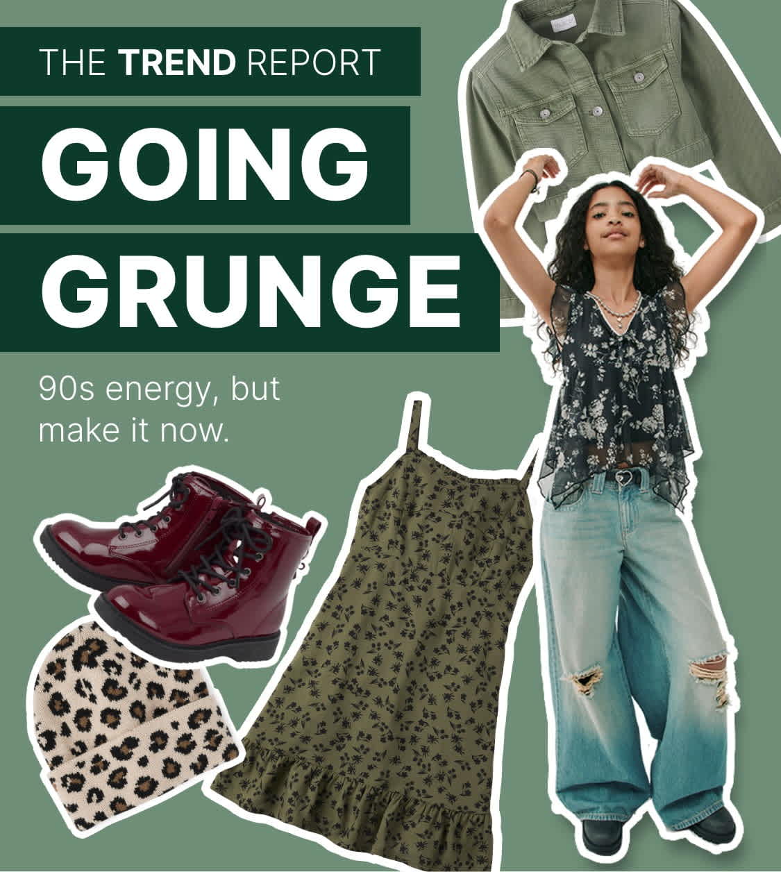 The image features various fashion items, including a leopard print top, a military-style jacket, and distressed denim jeans, all arranged against a green background with the text "THE TREND REPORT: GOING GRUNGE" prominently displayed.
