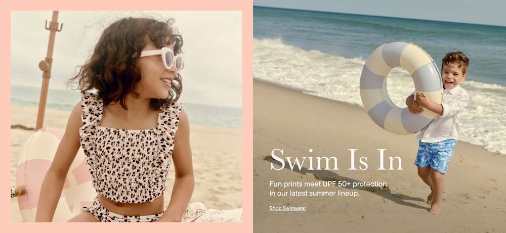 A young girl in a floral bikini and sunglasses sits on a beach in the foreground, while a boy in swim trunks holds a life preserver on a sandy beach with the ocean in the background.