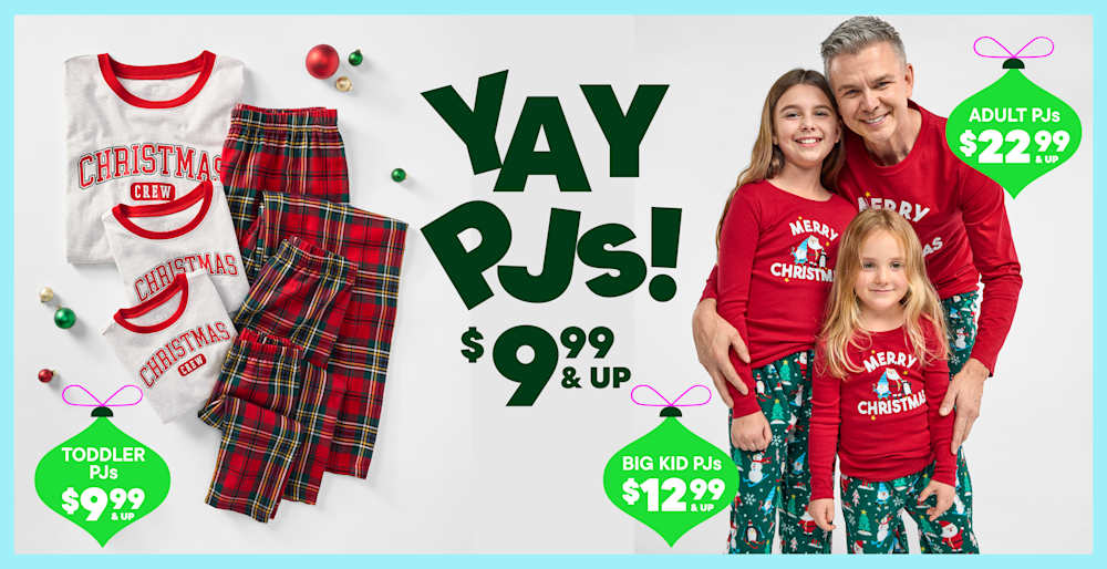 The image features a family wearing matching red and white Christmas-themed pajamas, with various holiday-related items and price tags displayed in the background.