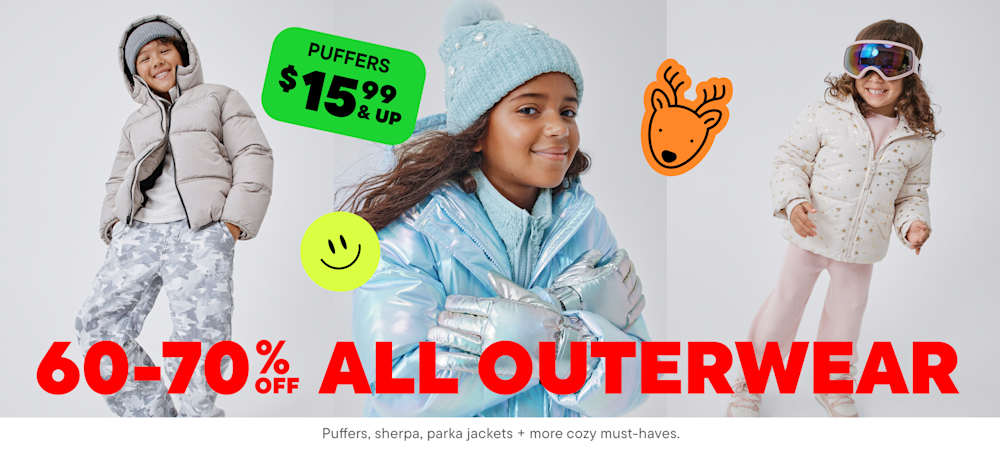 The image displays various winter outerwear items, including coats, jackets, and accessories, with a prominent "50-70% OFF ALL OUTERWEAR" sale promotion displayed prominently.