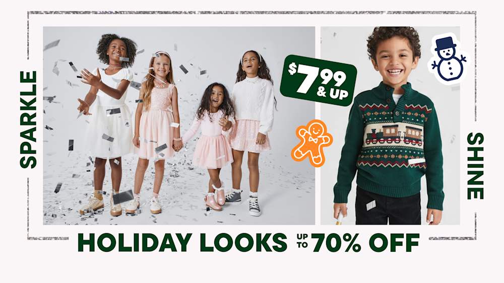 The image features a group of young people, likely a family, dressed in festive holiday attire, with a prominent "Holiday Looks Up to 70% Off" advertisement in the foreground.