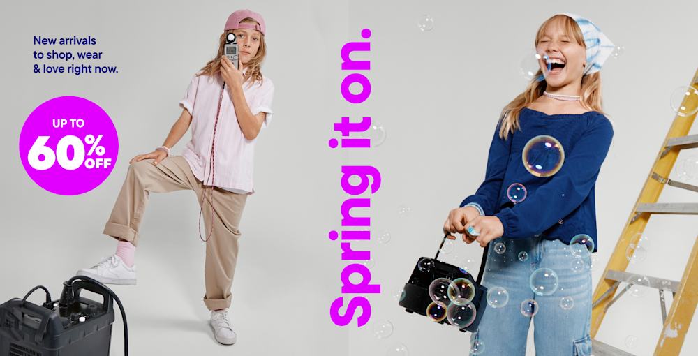 The image features two young women modeling fashionable spring-inspired outfits, with one wearing a pink outfit and the other in a navy blue ensemble. The background includes a text overlay promoting a spring fashion sale with up to 60% off.