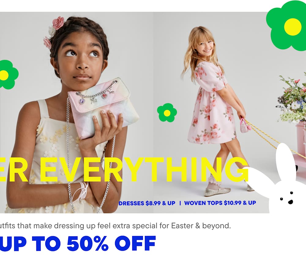 The image features a young boy wearing a gray sweater and beige shorts, standing in front of a colorful background with green and yellow floral designs. The text "EASTER EVERYTHING" is prominently displayed, promoting a sale on dresses and woven tops.