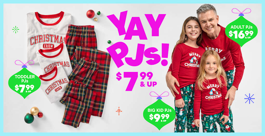 The image features a family wearing matching red and white Christmas-themed pajamas, with various holiday-related items and price tags displayed in the background.