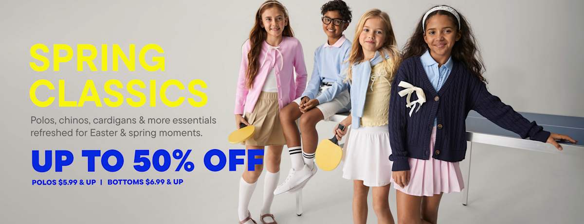 The image features a group of young women wearing various spring-themed clothing items, including cardigans, dresses, and skirts, against a plain background with a "Spring Classics" promotional text overlay.