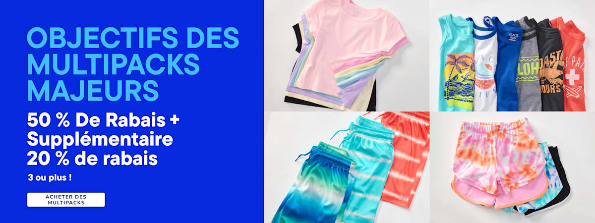 À gauche, un fond bleu avec un texte annonçant une promotion, tandis qu'à droite, des lots colorés de t-shirts et de shorts sont présentés.