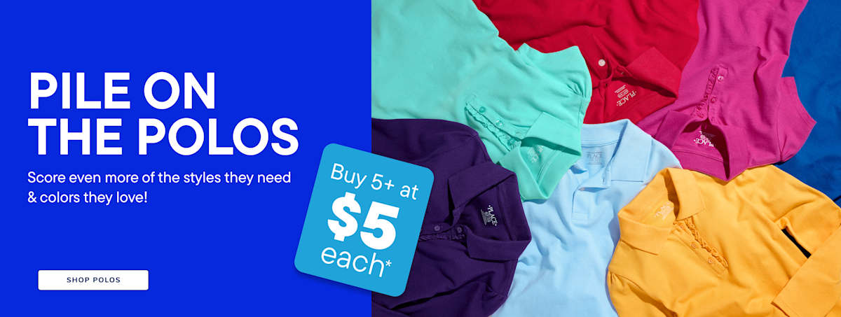 A blue background with white text "PILE ON THE POLOS" and a "Shop Polos" button is on the left, while a pile of colorful polo shirts in various shades of red, pink, teal, purple, light blue, and yellow fills the right side of the image.