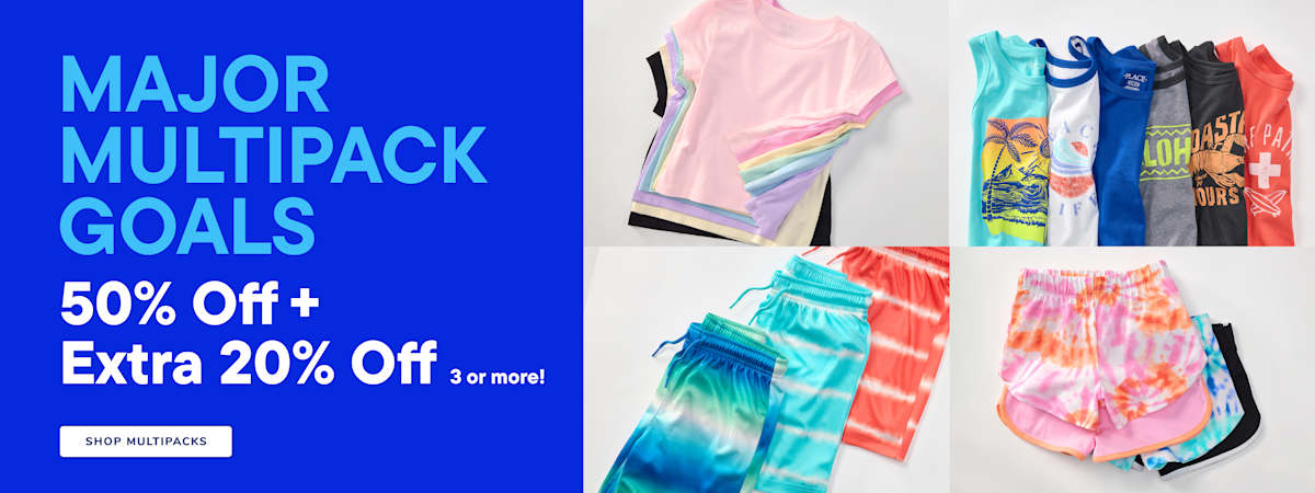 Bold blue text on a bright blue background announces "MAJOR MULTIPACK GOALS" with a discount of "50% Off + Extra 20% Off" for purchasing "3 or more!"