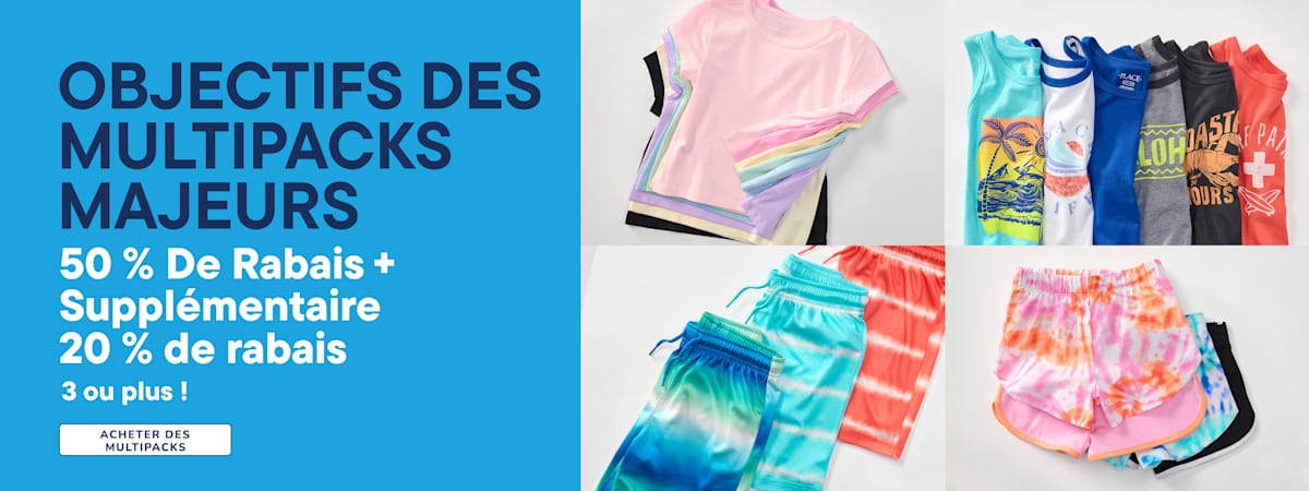 À gauche, un fond bleu avec un texte annonçant une promotion, tandis qu'à droite, des lots colorés de t-shirts et de shorts sont présentés.