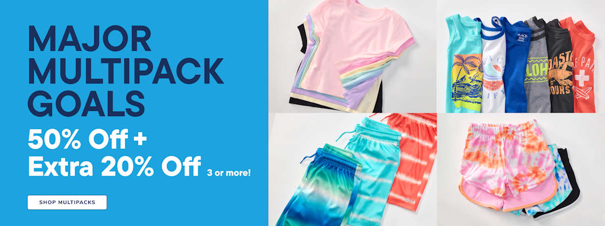 A blue background with text advertising a sale is on the left, while the right side displays colorful multipacks of children's clothing.