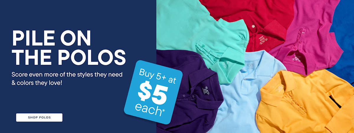 A dark blue background with white text "PILE ON THE POLOS" is on the left, while a pile of colorful polo shirts is on the right.