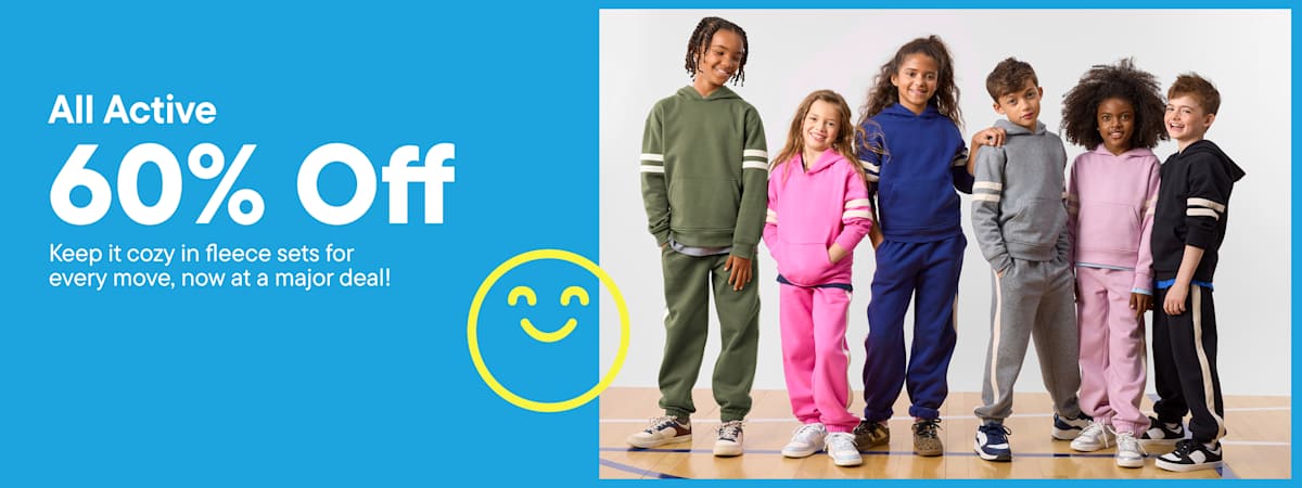 Six children wearing colorful fleece tracksuits stand in a row against a plain white background, positioned next to a blue promotional advertisement.