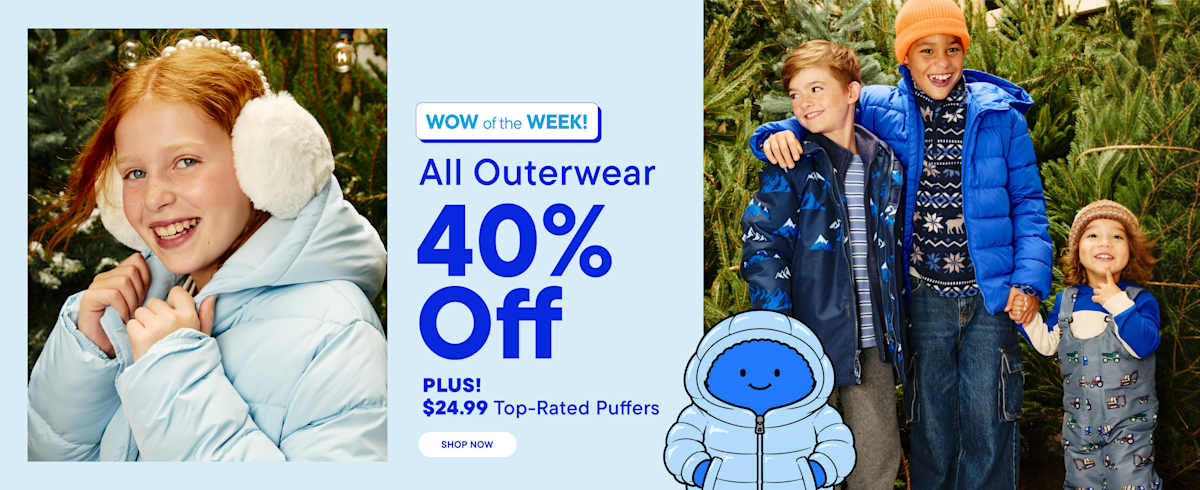 A smiling girl in a light blue puffer jacket and white earmuffs is on the left, a promotional sale text is in the center, and three children in winter gear stand before a backdrop of evergreen trees on the right.