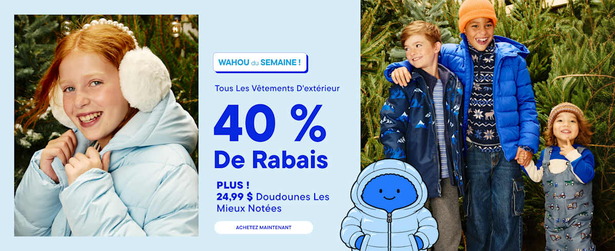 À gauche, une fillette souriante vêtue d'une doudoune bleu clair et de cache-oreilles blancs ; au centre, un texte promotionnel ; et à droite, trois enfants en tenue d'hiver devant un fond de conifères.