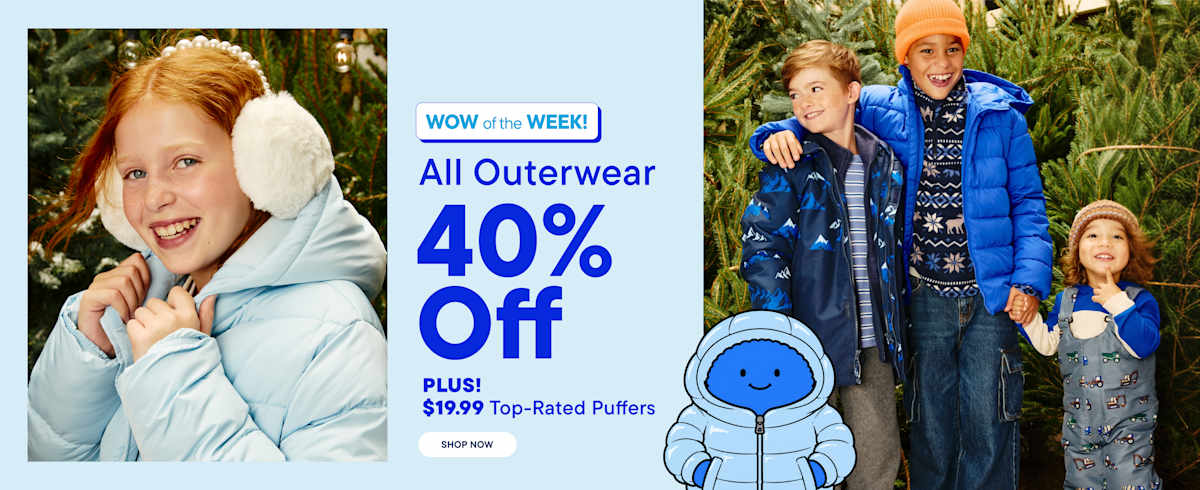 A smiling girl in a light blue puffer jacket and white earmuffs is on the left, a promotional sale text is in the center, and three children in winter gear stand before a backdrop of evergreen trees on the right.