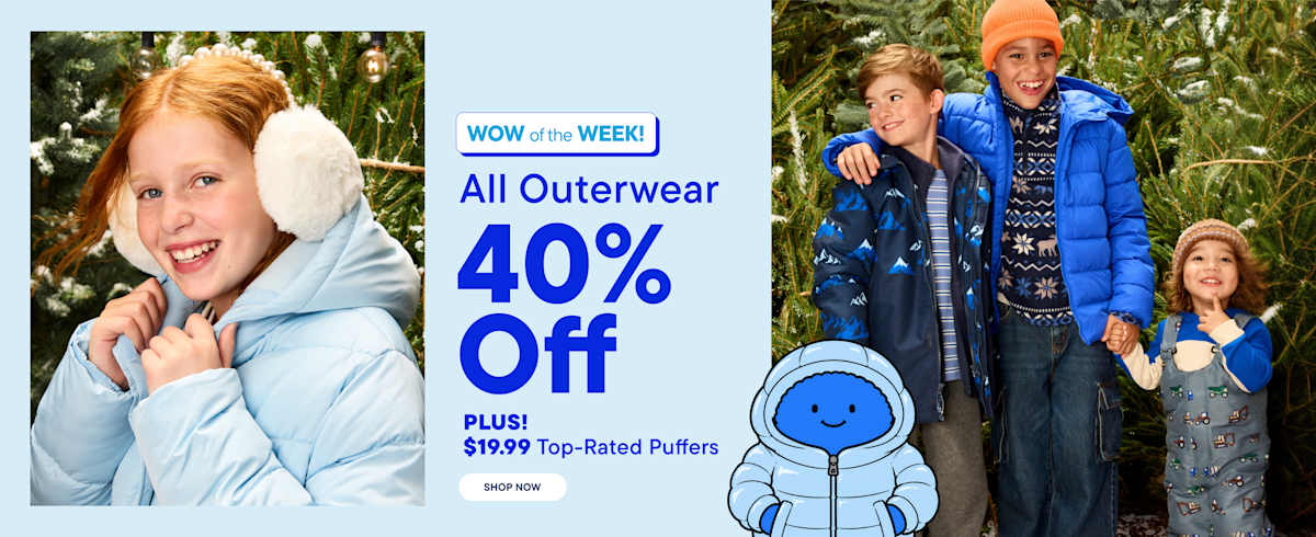 A smiling girl in a light blue puffer jacket is on the left, a promotional text for outerwear sales is in the center, and three children in winter gear stand before a backdrop of evergreen trees on the right.