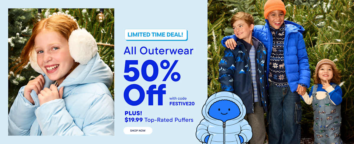 A smiling girl in a light blue puffer jacket is on the left. LIMITED TIME DEAL! All Outerwear 50% Off with code FESTIVE20 PLUS! $19.99 Top-Rated Puffers