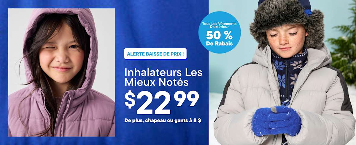 Two children wearing winter hats and puffer jackets are positioned on either side of a blue central panel advertising a price drop on puffers | Top-Rated Puffers $22.99 Plus, $8 hat or gloves | All Outerwear 50% Off