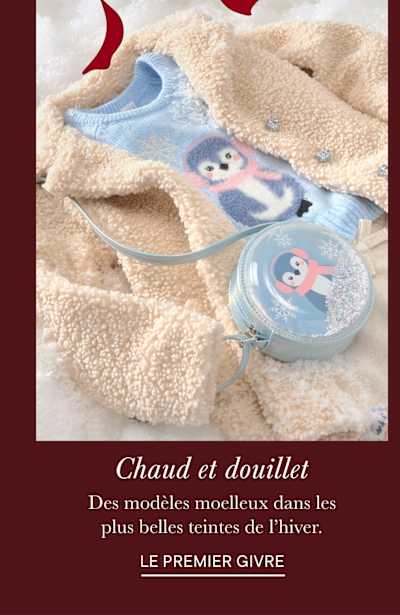 L'image représente une peluche douillette et chaleureuse, probablement un paresseux ou un animal similaire, blottie dans une couverture moelleuse. Le fond évoque un décor hivernal, avec une texture enneigée ou glacée.