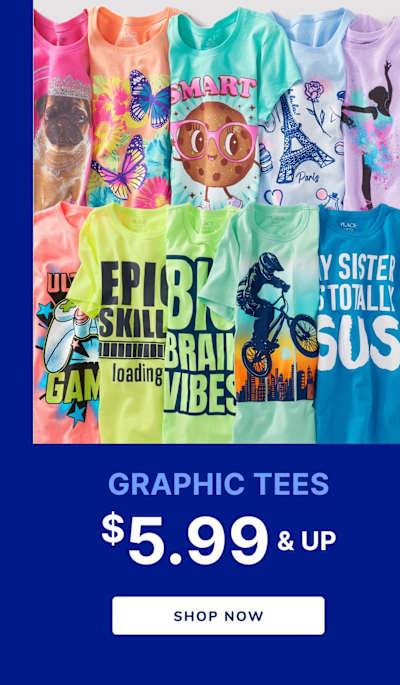 A vibrant display of colorful graphic t-shirts featuring various designs and patterns, with a price tag of $5.99 and up